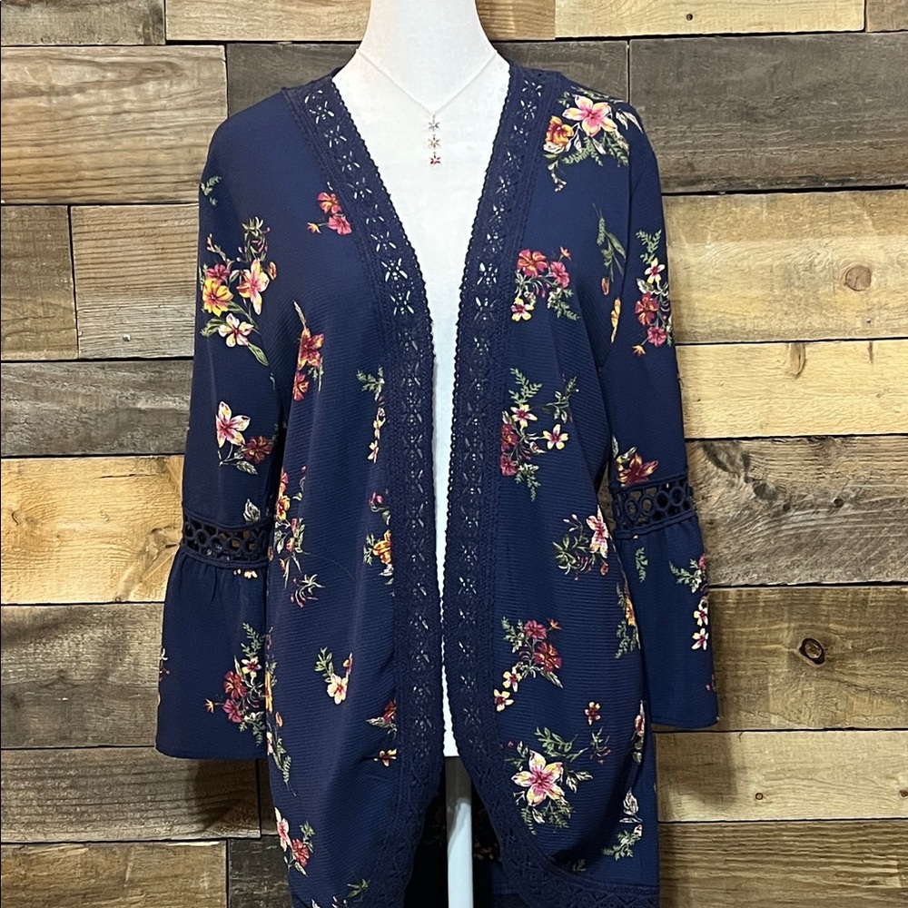 No Boundaries Blue Floral Cardigan cover up, open lace, bell sleeves Medium